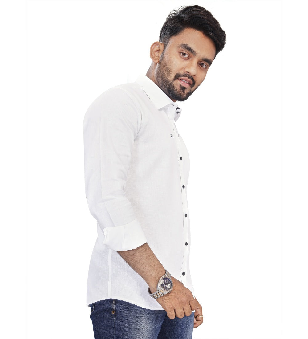 Men's Cotton Blend Full Sleeve Solid Pattern Casual Shirt (White) - GillKart