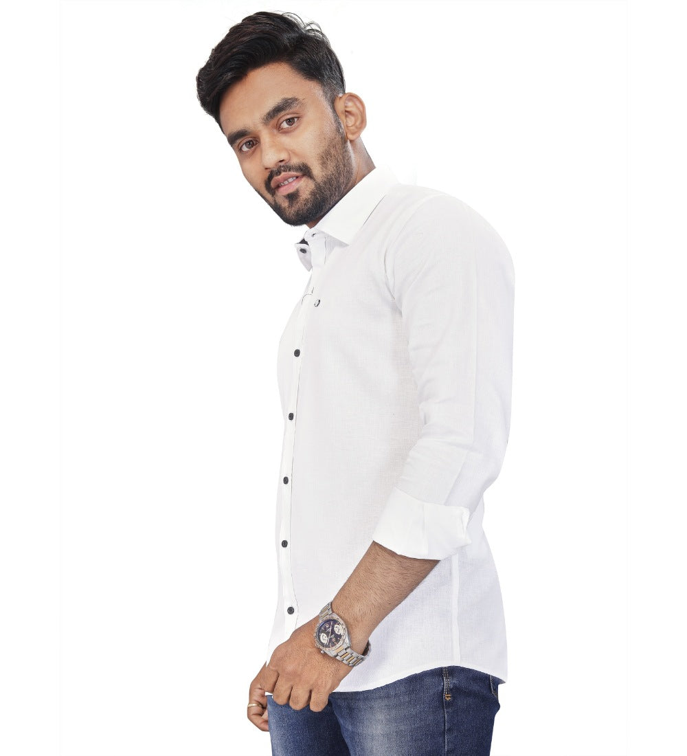Men's Cotton Blend Full Sleeve Solid Pattern Casual Shirt (White) - GillKart