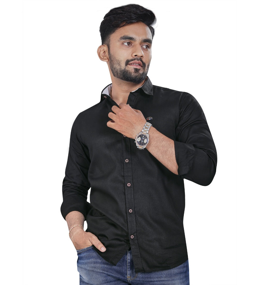 Men's Cotton Blend Full Sleeve Solid Pattern Casual Shirt (Black) - GillKart