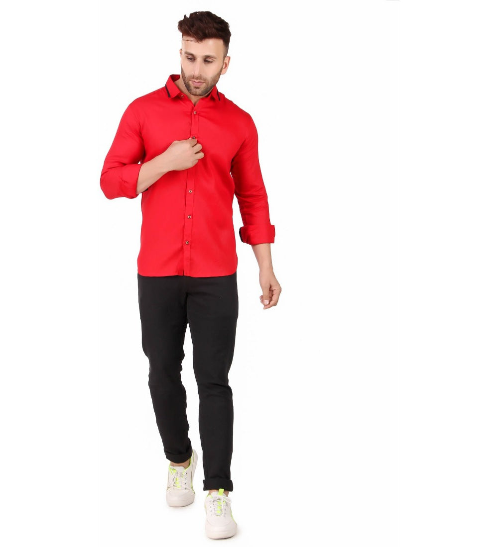 Men's Pure Cotton Full Sleeve Solid Pattern Casual Shirt (Red) - GillKart