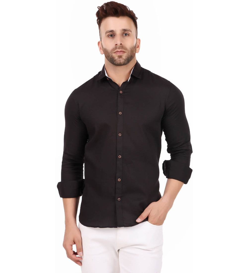 Men's Pure Cotton Full Sleeve Solid Pattern Casual Shirt (Black) - GillKart