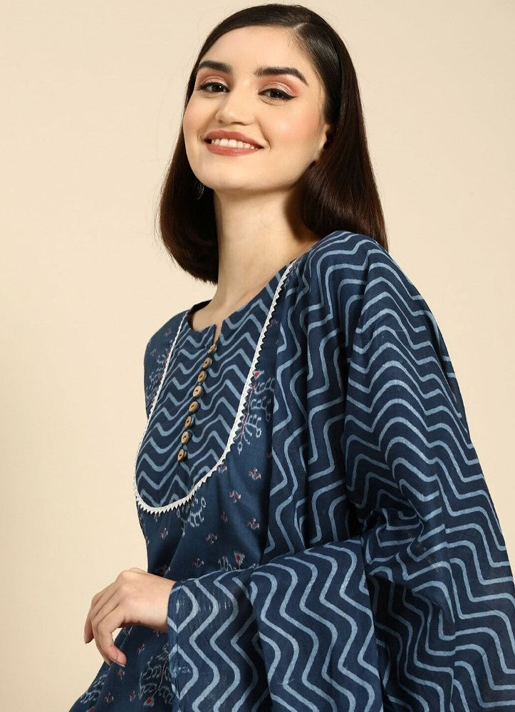 Blue cotton blend printed work kurti set with bottom and dupatta, 3/4th sleeve and round neck, vibrant printed pattern