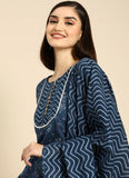 Blue cotton blend printed work kurti set with bottom and dupatta, 3/4th sleeve and round neck, vibrant printed pattern