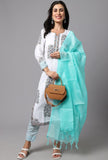 Light Blue cotton blend printed work kurti set with bottom and dupatta, V-neck, 3/4th sleeve, knee length