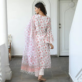 Pink cotton blend printed work kurti set with bottom and dupatta, V-neck, full sleeves, knee-length, vibrant pattern