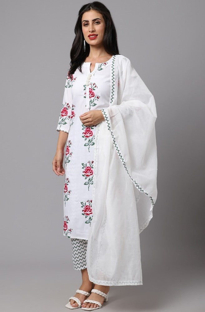White cotton blend printed work kurti set with bottom and dupatta, 3/4th sleeve, knee length