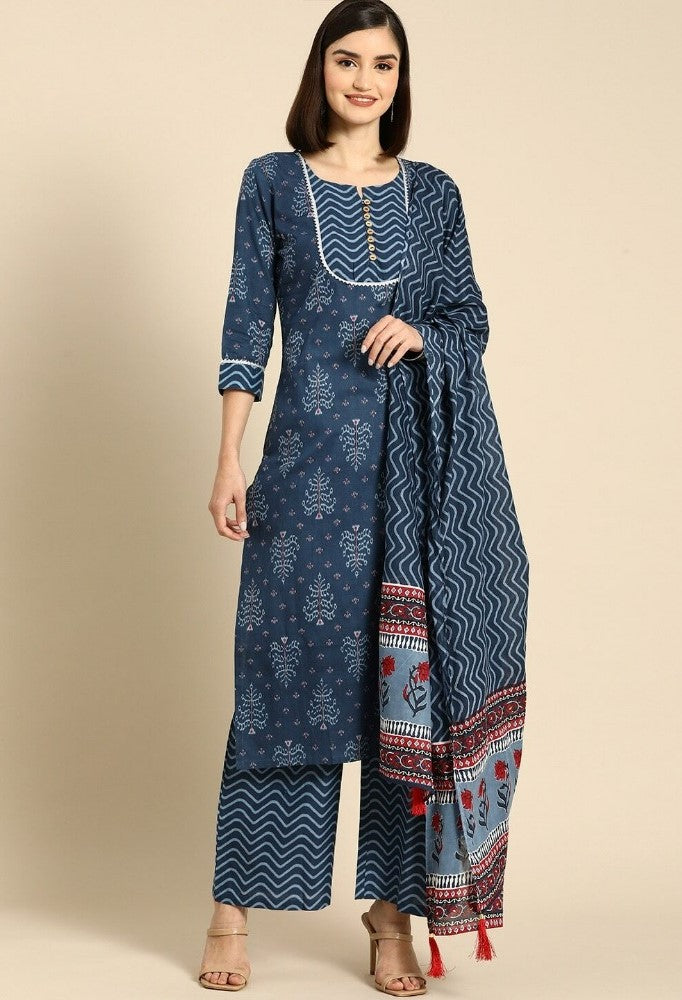 Blue cotton blend printed work kurti set with bottom and dupatta, 3/4th sleeve, knee length for women