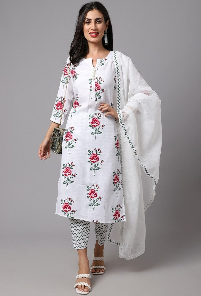White cotton blend printed work kurti set with bottom and dupatta, 3/4th sleeve, knee length for women's fashion