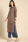 Multi-color cotton blend printed work kurti set with bottom and dupatta, closed neck, 3/4th sleeve, knee length