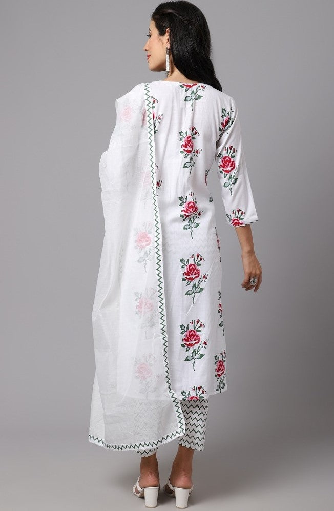 Women's cotton blend printed work kurti set with bottom and dupatta, white - knee-length 3/4th sleeve round neck, vibrant print design on traditional Indian attire