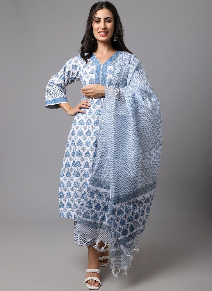 Light Blue cotton blend printed work kurti set with bottom and dupatta featuring V-neck and 3/4th sleeves, knee length design