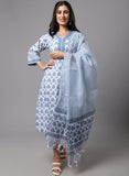 Light Blue cotton blend printed work kurti set with bottom and dupatta featuring V-neck and 3/4th sleeves, knee length design