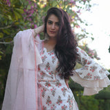 Light blue cotton blend printed work kurti set with bottom and dupatta - knee length, 3/4th sleeve, sweet heart neck