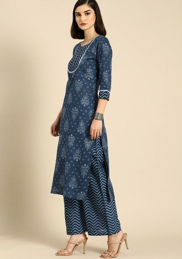 Blue cotton blend printed kurti set with bottom and dupatta for women, 3/4th sleeve, knee-length