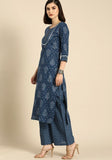 Blue cotton blend printed kurti set with bottom and dupatta for women, 3/4th sleeve, knee-length