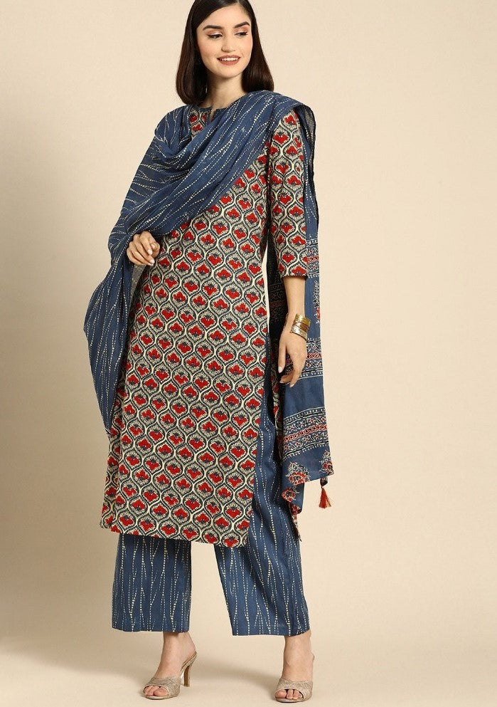 Multi-colored cotton blend printed work kurti set with bottom & dupatta – closed neck, 3/4th sleeve, knee length