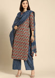 Multi-colored cotton blend printed work kurti set with bottom & dupatta – closed neck, 3/4th sleeve, knee length