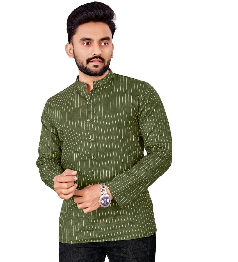 Men's Cotton Striped Pattern Full Sleeve Short Kurta (Green) - GillKart