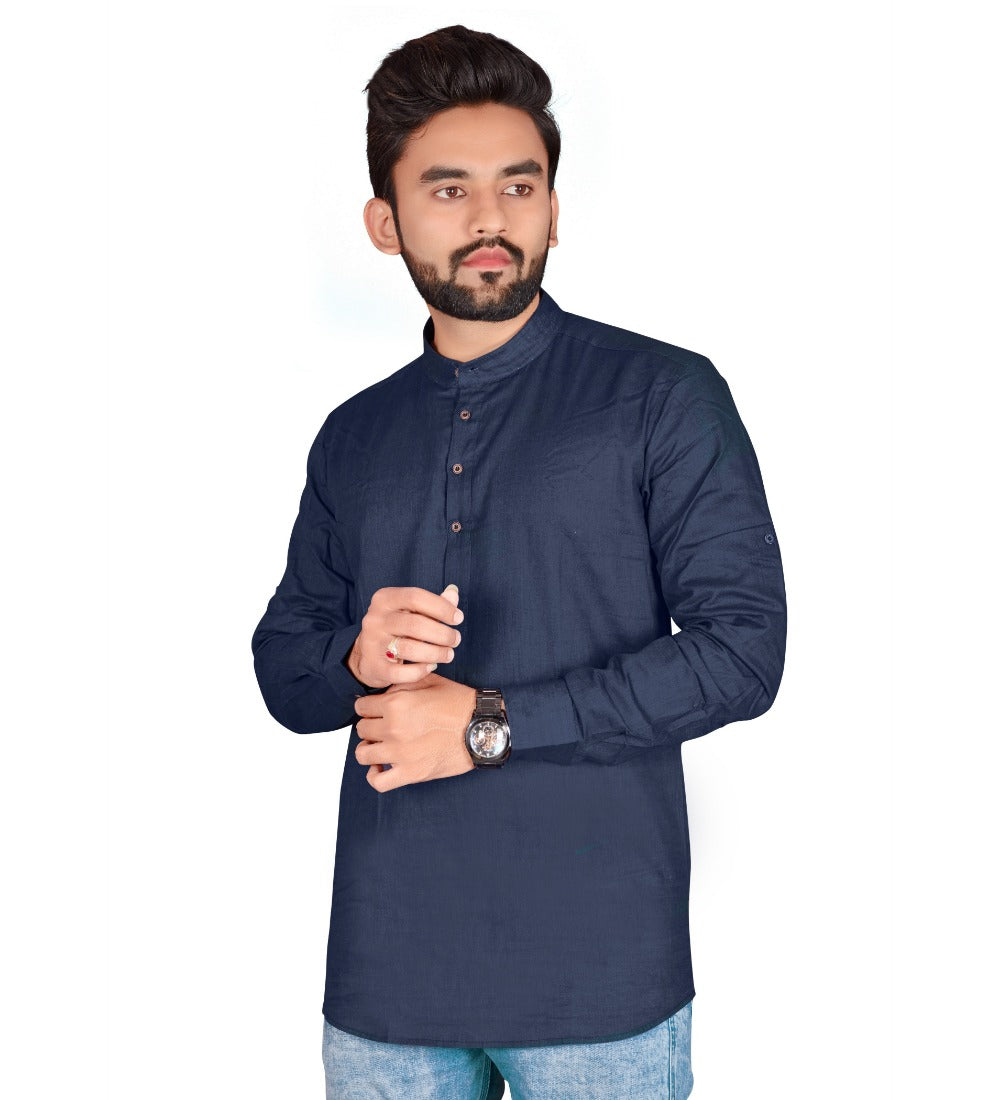 Men's Cotton Solid Full Sleeve Short Kurta (Dark Blue) - GillKart