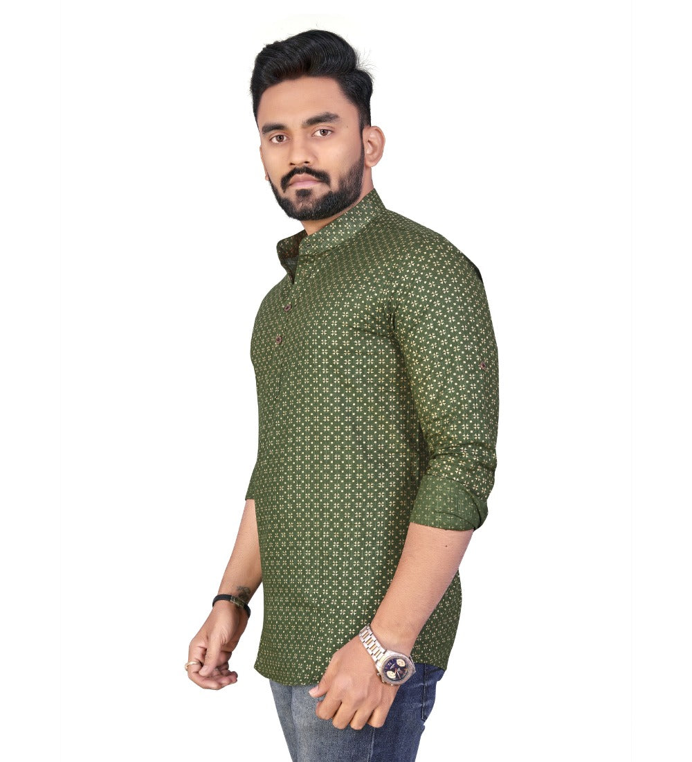 Men's Cotton Blend Geometric Print Full Sleeve Short Kurta (Green) - GillKart