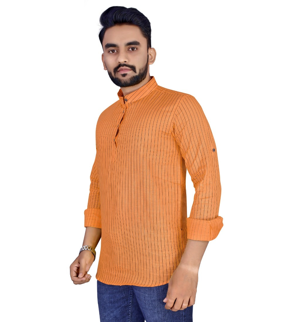 Men's Cotton Blend Printed Full Sleeve Short Kurta (Orange) - GillKart
