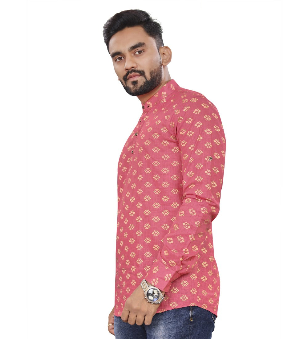 Men's Cotton Printed Full Sleeve Short Kurta (Pink) - GillKart
