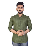 Men's Cotton Printed Full Sleeve Short Kurta (Green) - GillKart