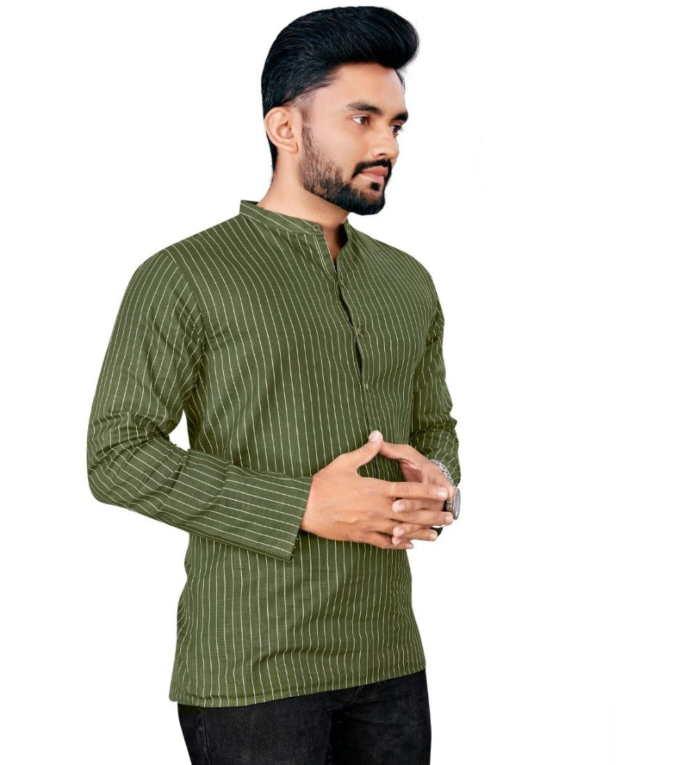 Men's Cotton Striped Pattern Full Sleeve Short Kurta (Green) - GillKart