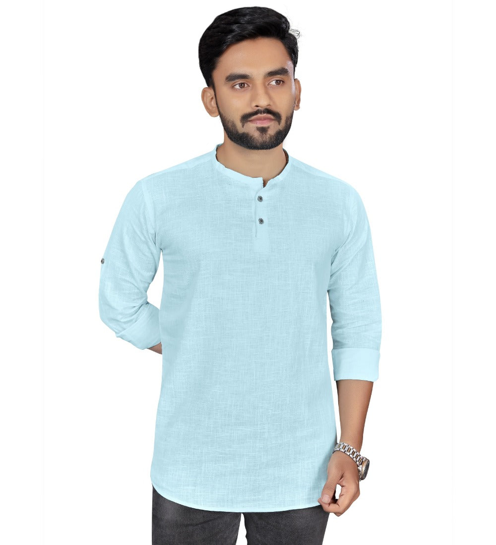 Men's Cotton Solid Full Sleeve Short Kurta (Light Blue) - GillKart