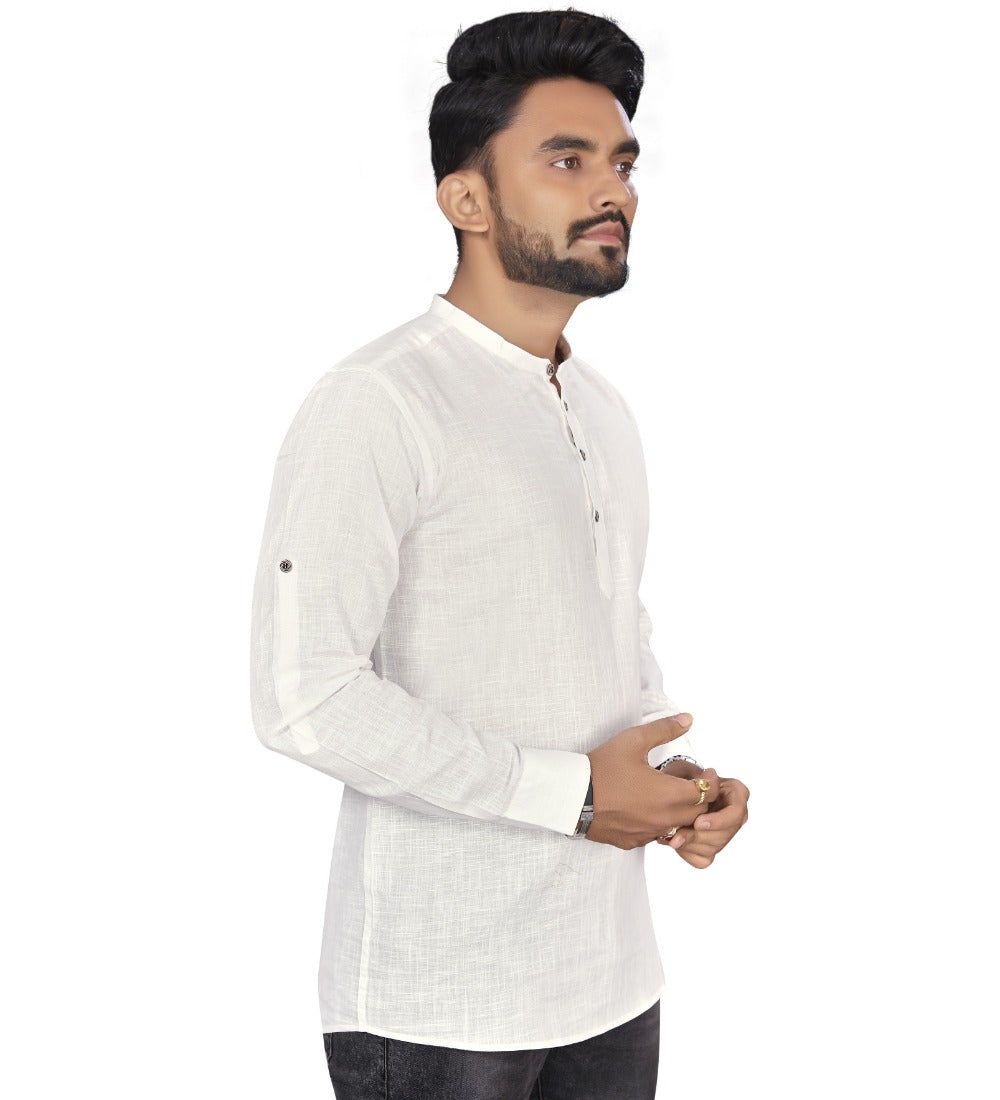 Men's Cotton Solid Full Sleeve Short Kurta (White) - GillKart