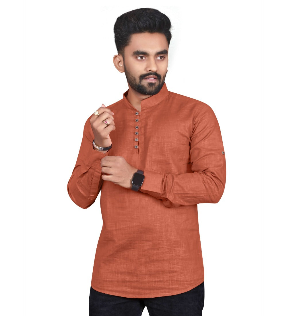 Men's Cotton Solid Full Sleeve Short Kurta (Orange) - GillKart