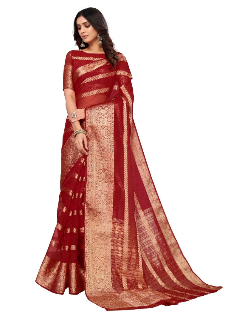 Women's Heavy Golden Weavied Designe  With Zari Border Saree (Red, 5-6 Mtrs) - GillKart