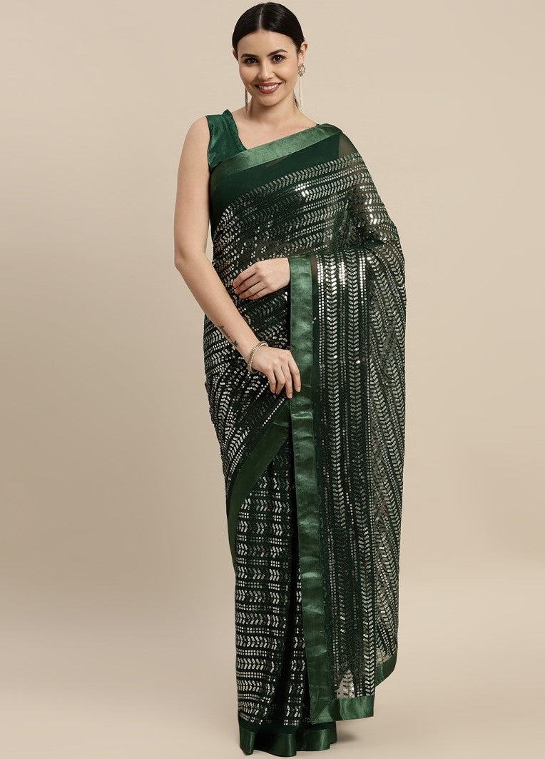 Women's Sequin Work Saree With Plain Satin Lace  Saree (Green, 5-6 Mtrs) - GillKart