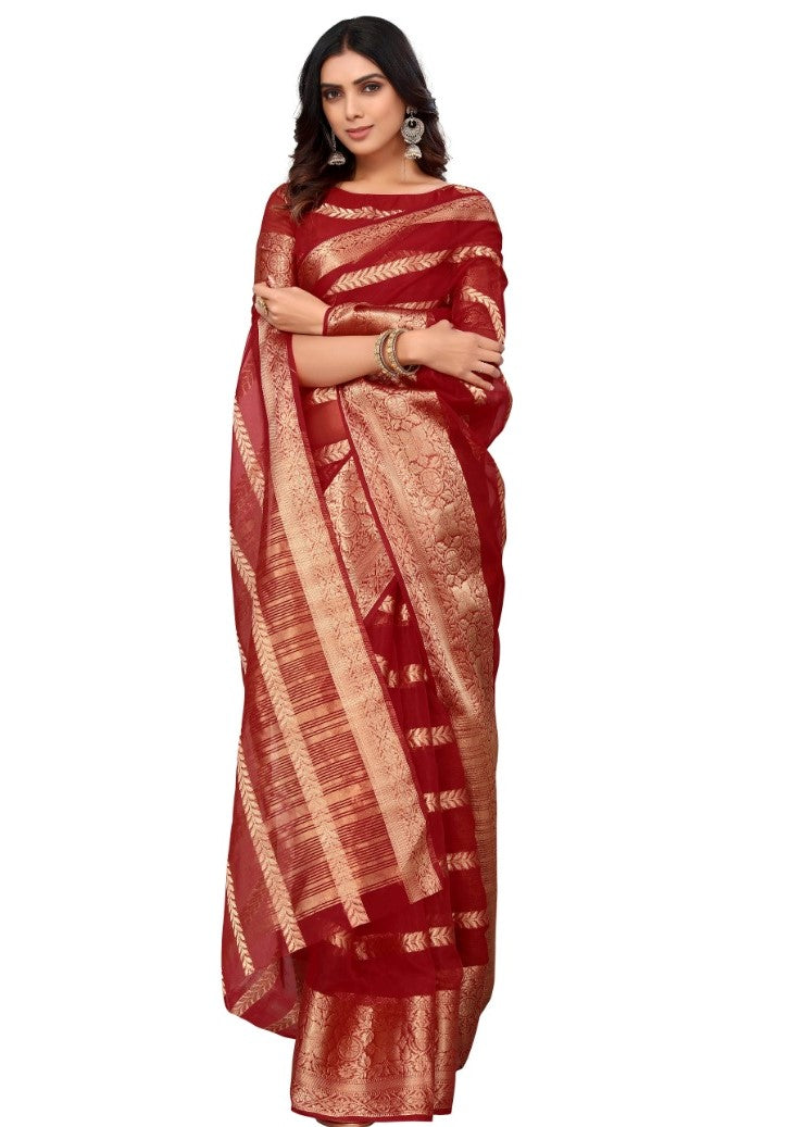 Women's Heavy Golden Weavied Designe  With Zari Border Saree (Red, 5-6 Mtrs) - GillKart