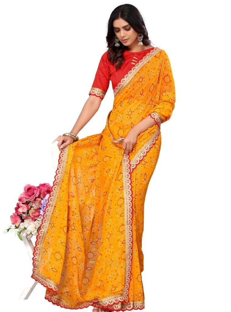 Women's Bandhani Printed With Heavy Border Saree (Yellow, 5-6 Mtrs) - GillKart