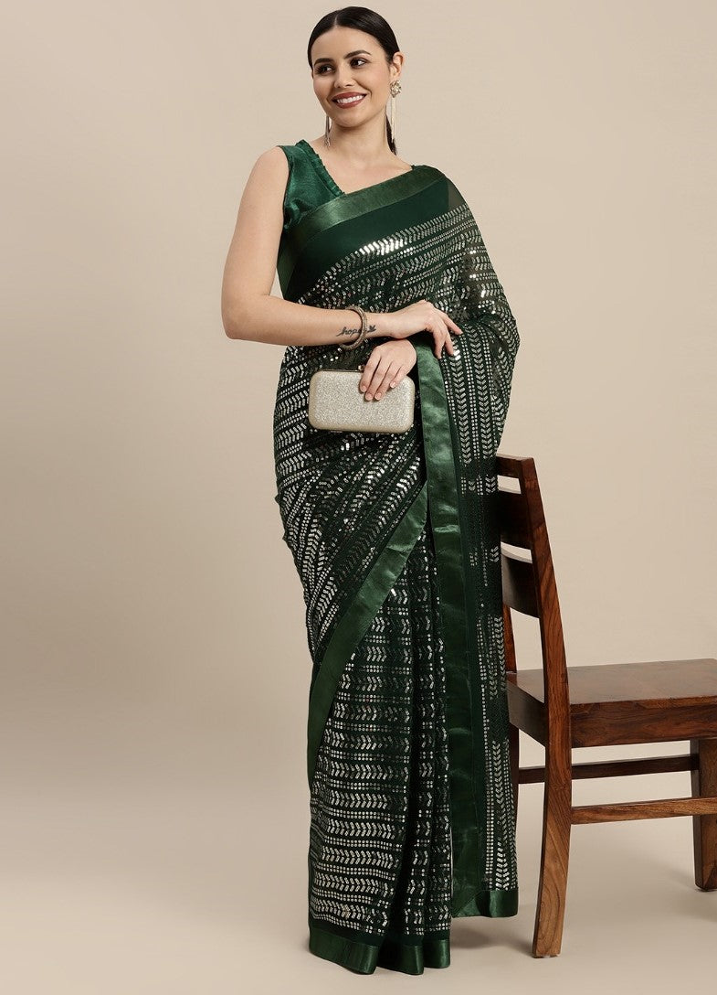 Women's Sequin Work Saree With Plain Satin Lace  Saree (Green, 5-6 Mtrs) - GillKart