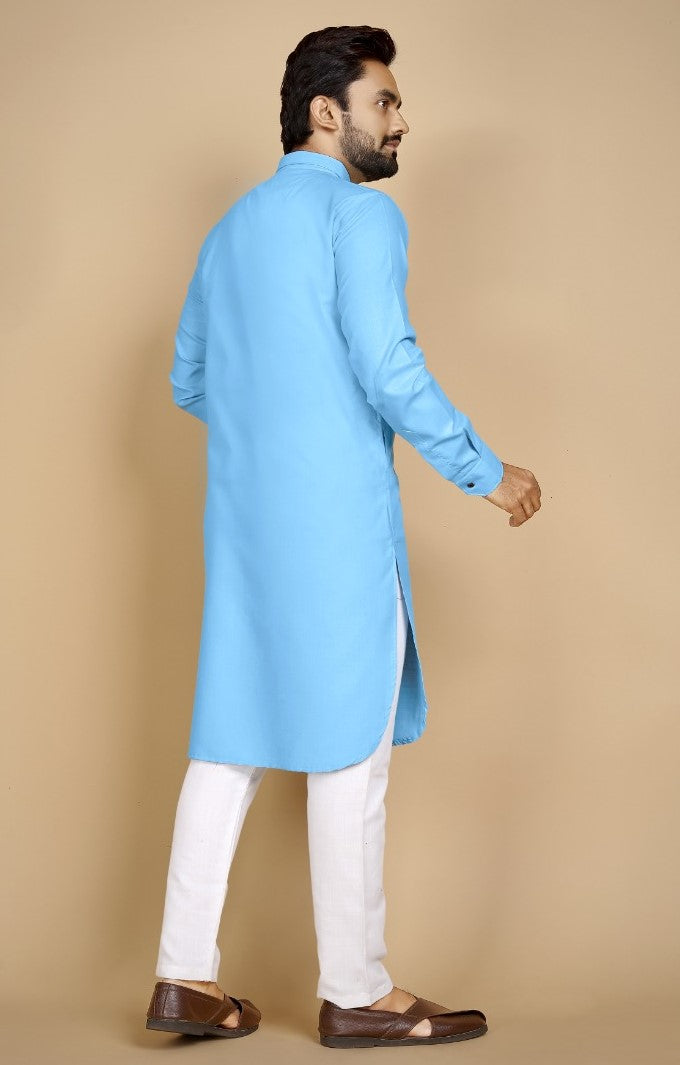 Men's Cotton Blend Solid Full Sleeve Knee Length Kurta (Light Blue) - GillKart