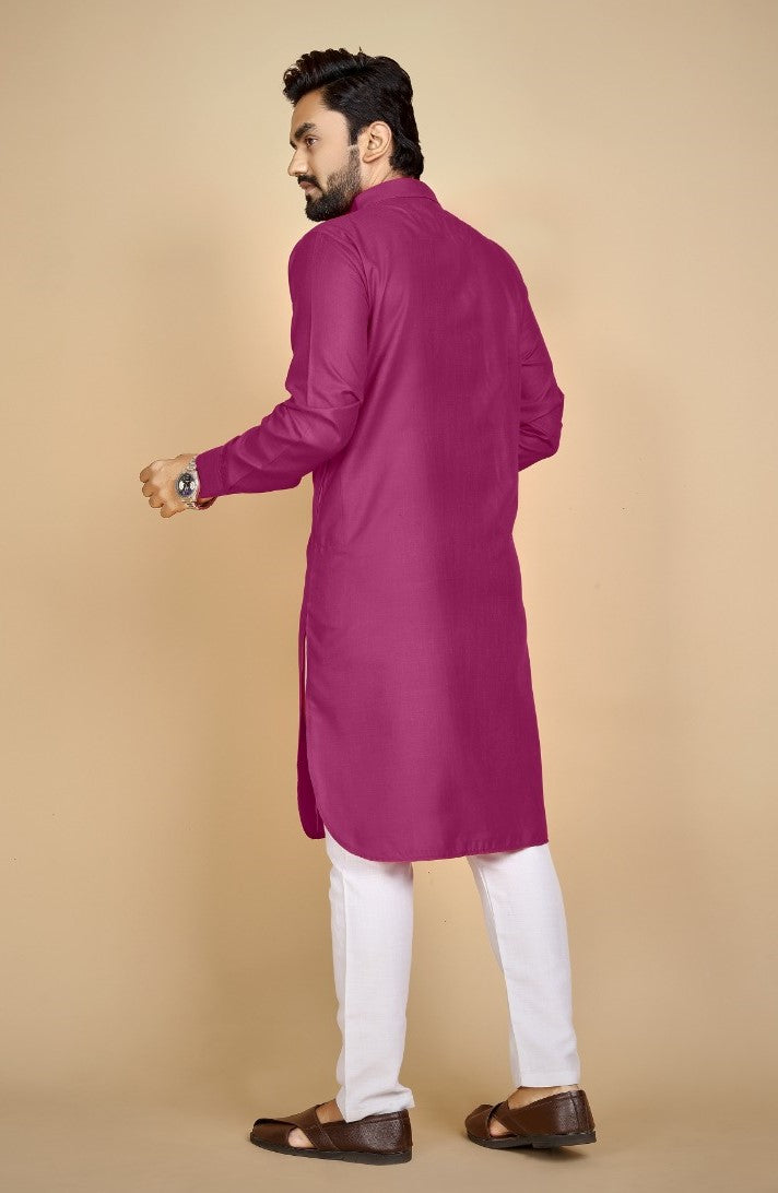 Men's Cotton Blend Solid Full Sleeve Knee Length Kurta (Pink) - GillKart