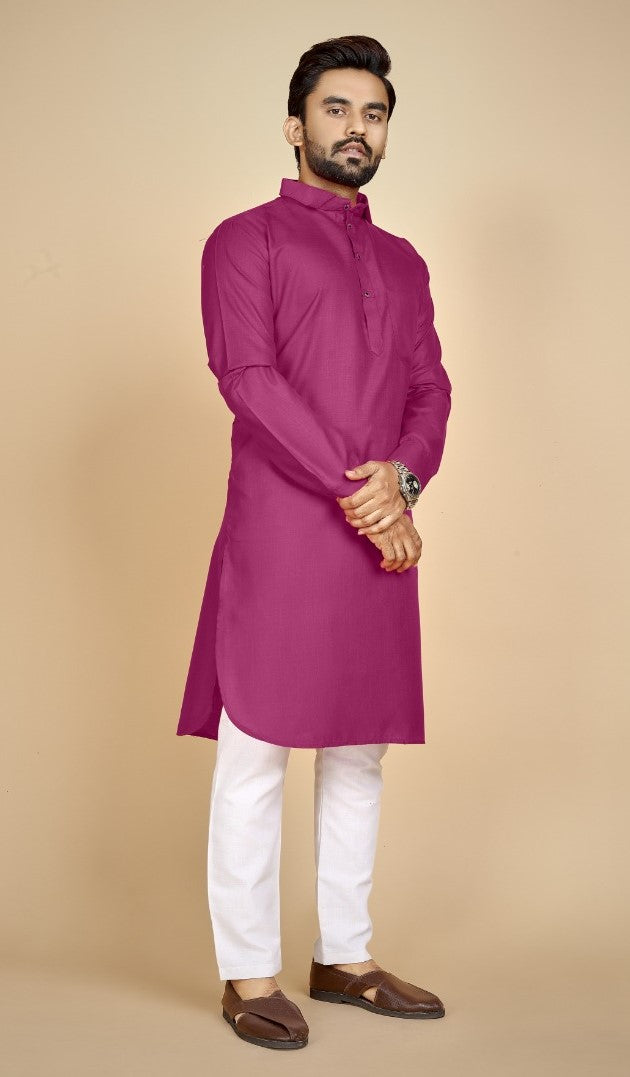 Men's Cotton Blend Solid Full Sleeve Knee Length Kurta (Pink) - GillKart