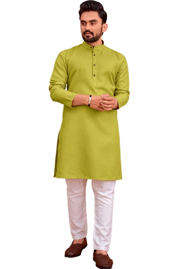 Men's Cotton Blend Solid Full Sleeve Knee Length Kurta (Green) - GillKart