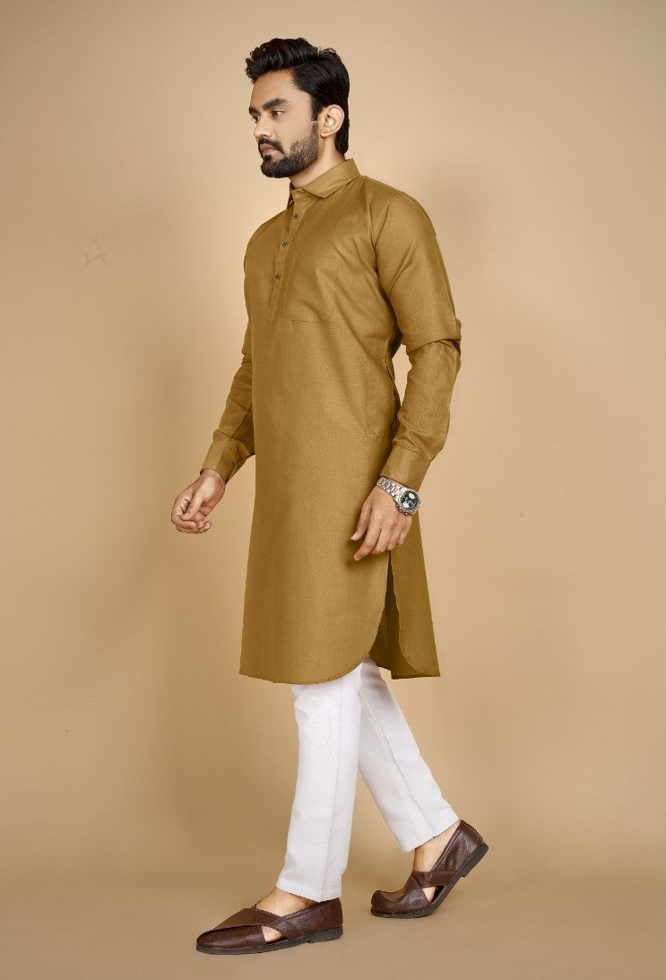 Men's Cotton Blend Solid Full Sleeve Knee Length Kurta (Brown) - GillKart