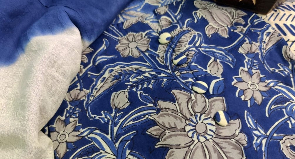 Women's Jaipuri Hand Block Print Cotton Kurti Pant And Dupatta Set (Blue) - GillKart