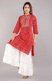 Women's Bandhani Rayon Bandhani Kurti With Sharara Set (Red) - GillKart