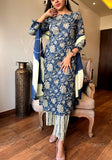 Women's Jaipuri Hand Block Print Cotton Kurti Pant And Dupatta Set (Blue) - GillKart