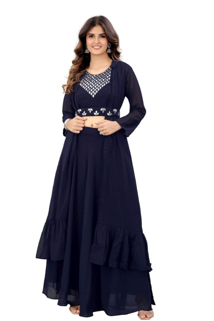 Women's Embroidery Gotapatti Work Georget Long Gown (Blue) - GillKart