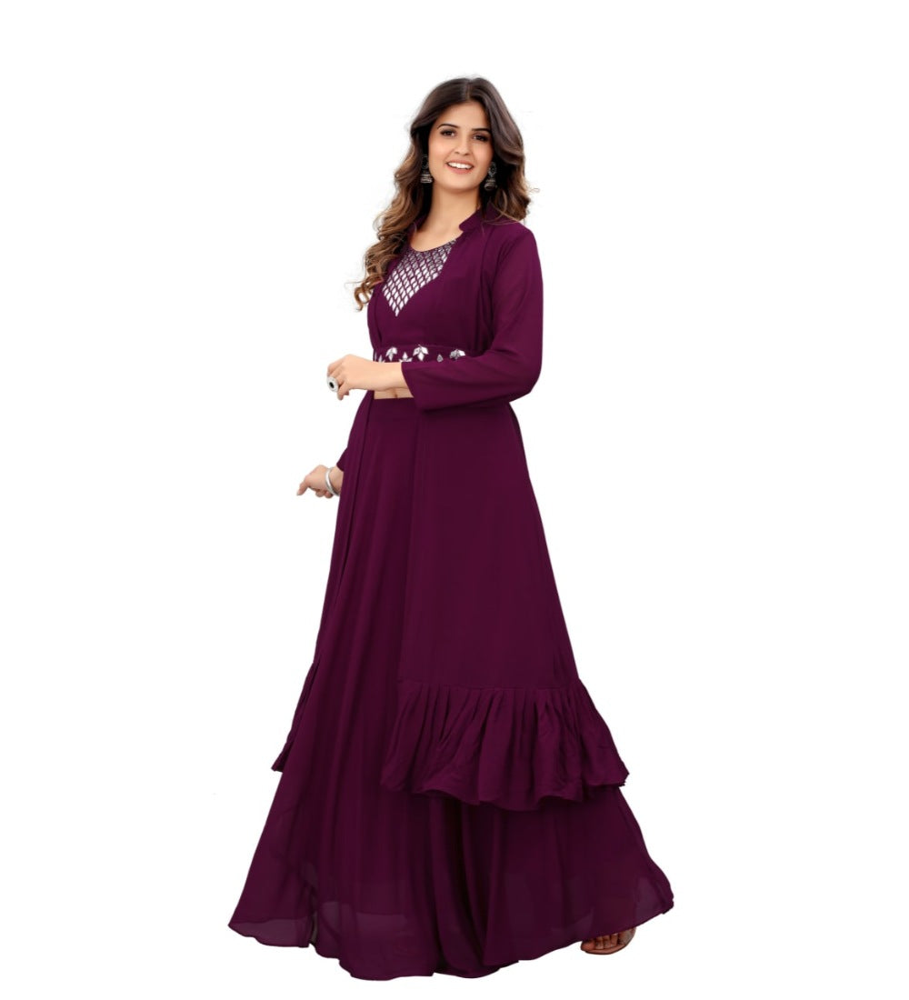 Women's Embroidery Gotapatti Work Georget Long Gown (Wine) - GillKart
