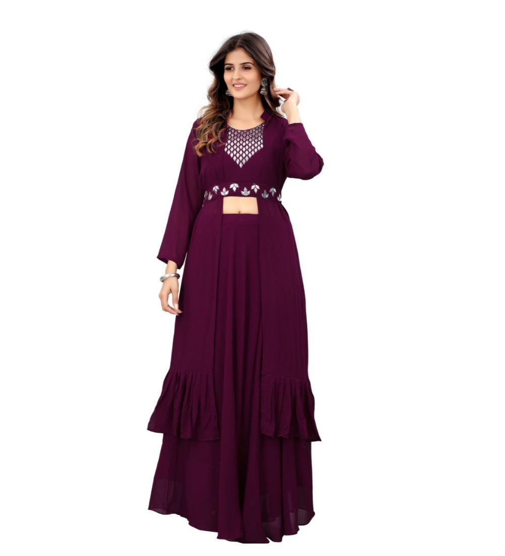 Women's Embroidery Gotapatti Work Georget Long Gown (Wine) - GillKart
