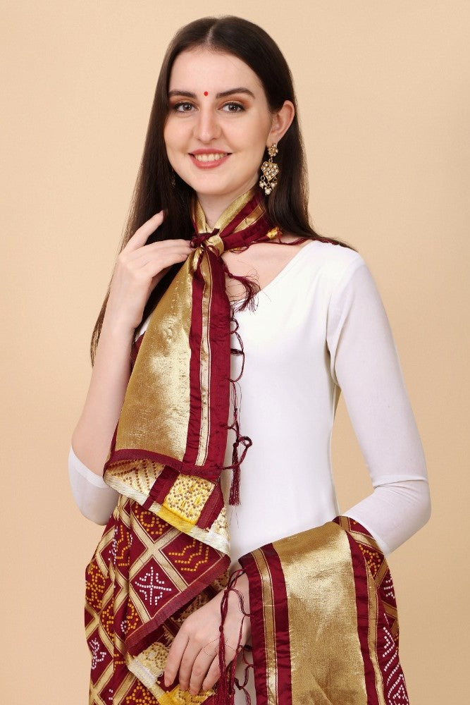 Maroon silk Zalhar Work Duppatta, 223 meters length for traditional wear