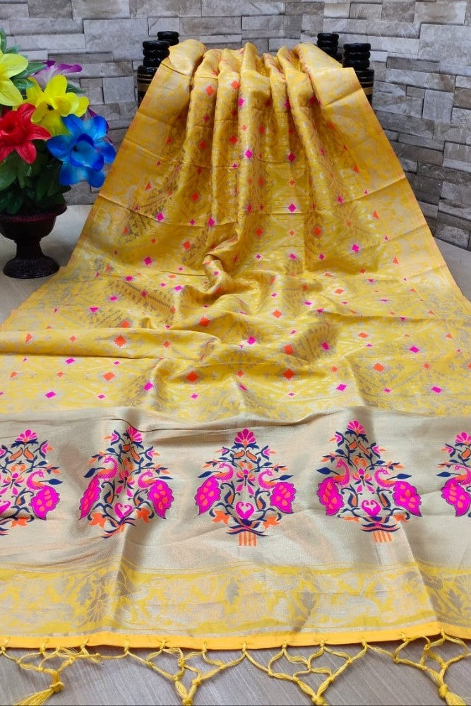 Mustard yellow silk Pure Zari weaving Duppatta (length 223 mtrs), traditional wear with Zalhar pattern