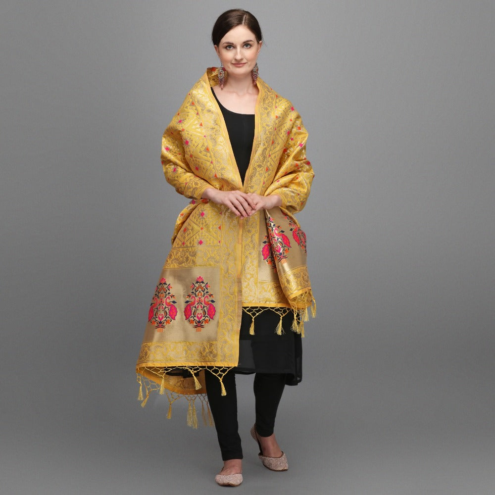 Mustard yellow silk Duppatta with Zalhar work, 223 meters long for traditional wear